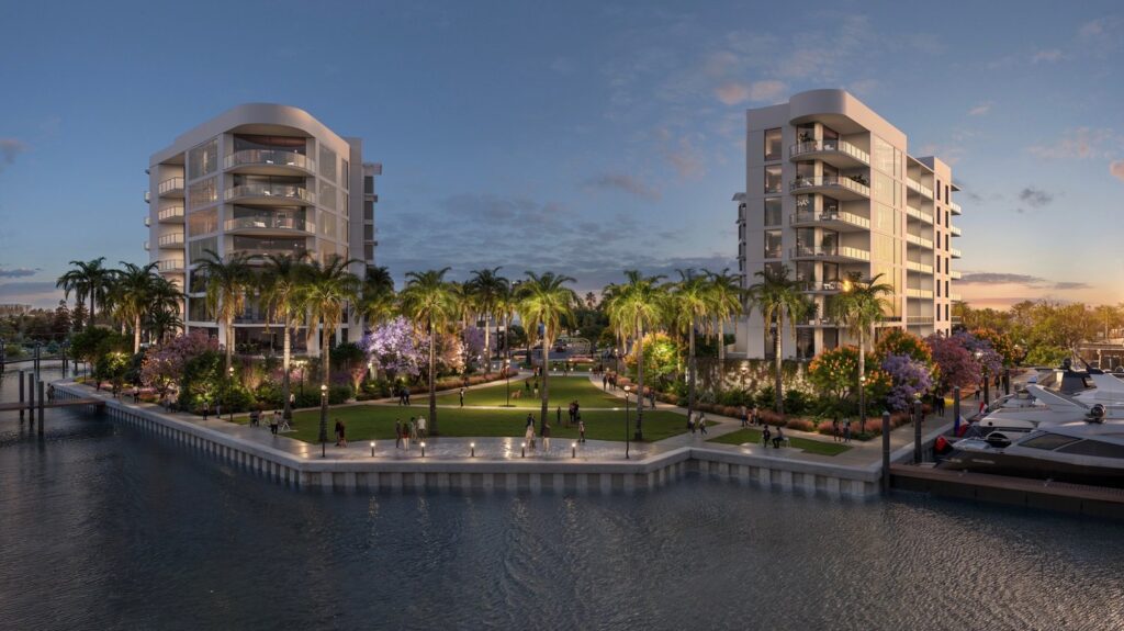 Water Club St. Pete Beach towers and waterfront lawn at dusk, artist rendering