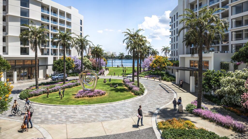 Water Club St. Pete Beach courtyard with sculpture and bay view, artist rendering